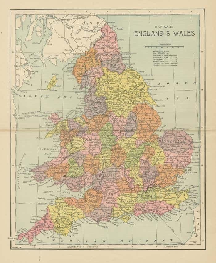 Lithographed Antique Map Of England And Wales photo for sale