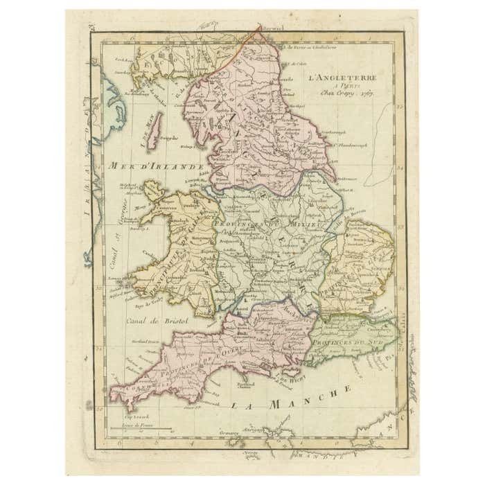 Antique Map Of England With Contemporary Hand Coloring