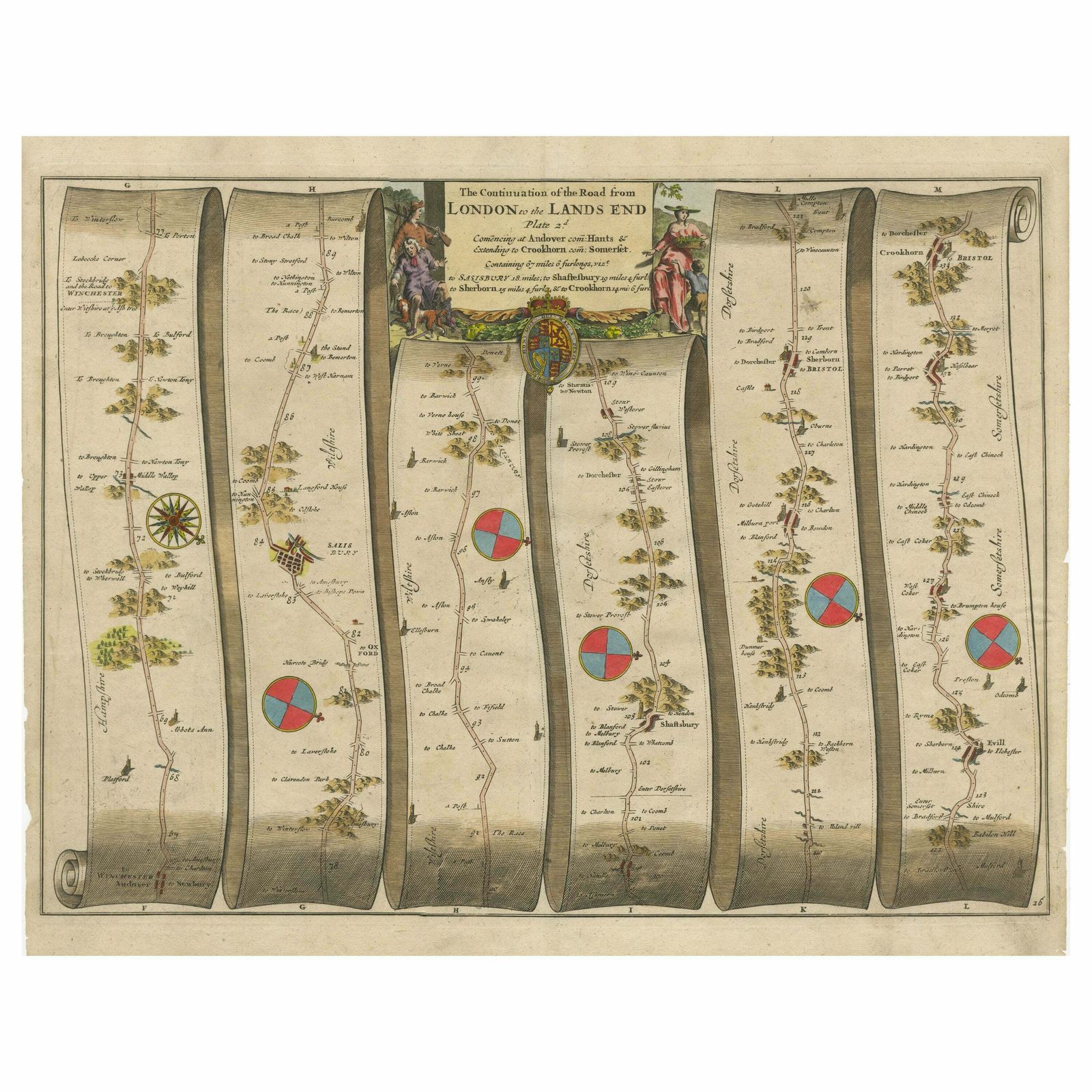 Original Antique Map Of The Road From Andover To Crewkerne