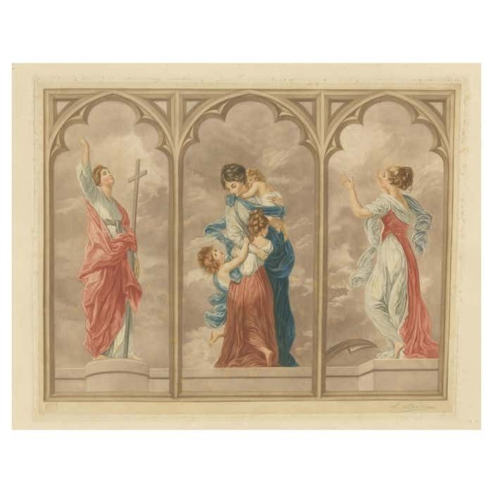 Large Mezzotint Of Three Women In Gothic Pointed Arches