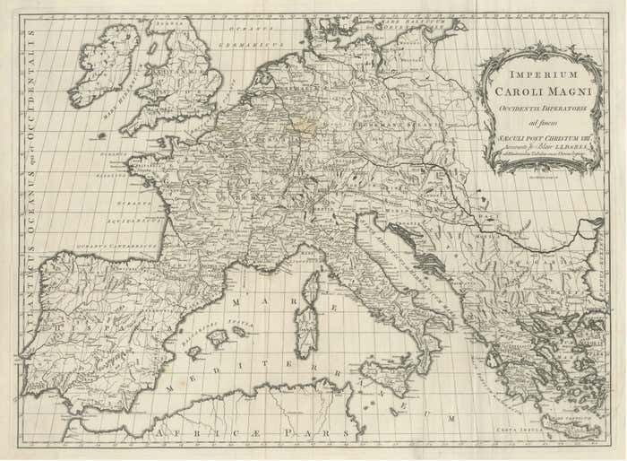 Large Antique Map Of Europe, Showing The Empire Of Charlemagne photo for sale