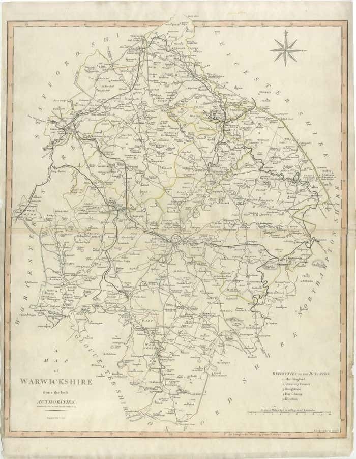 Large Antique County Map Of Warwickshire, England, With Hand Coloring photo furniture