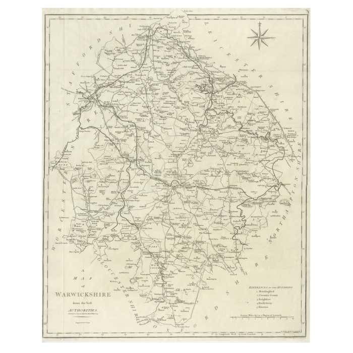 Large Antique County Map Of Warwickshire, England