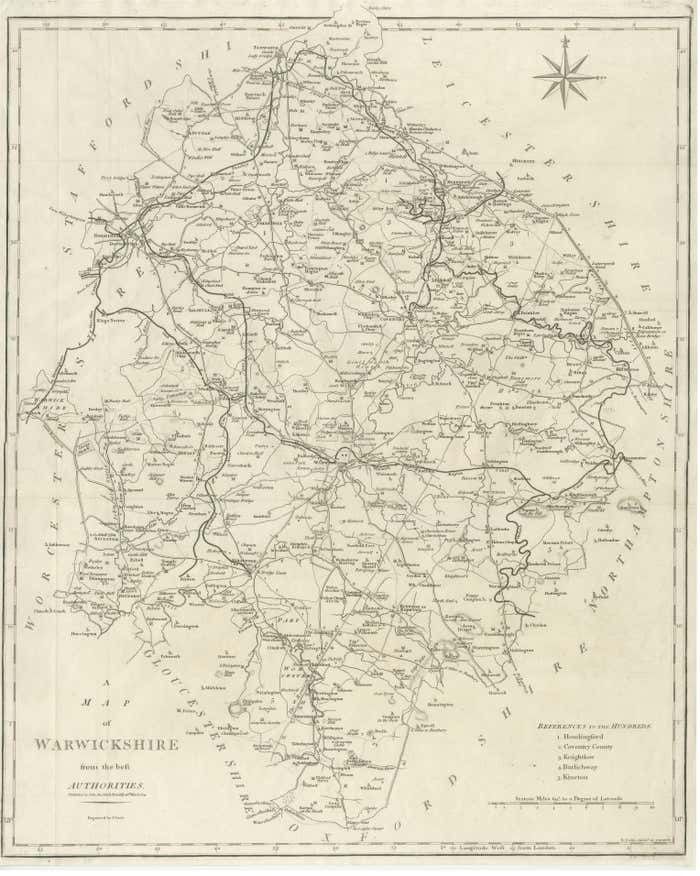 Large Antique County Map Of Warwickshire, England photo for sale
