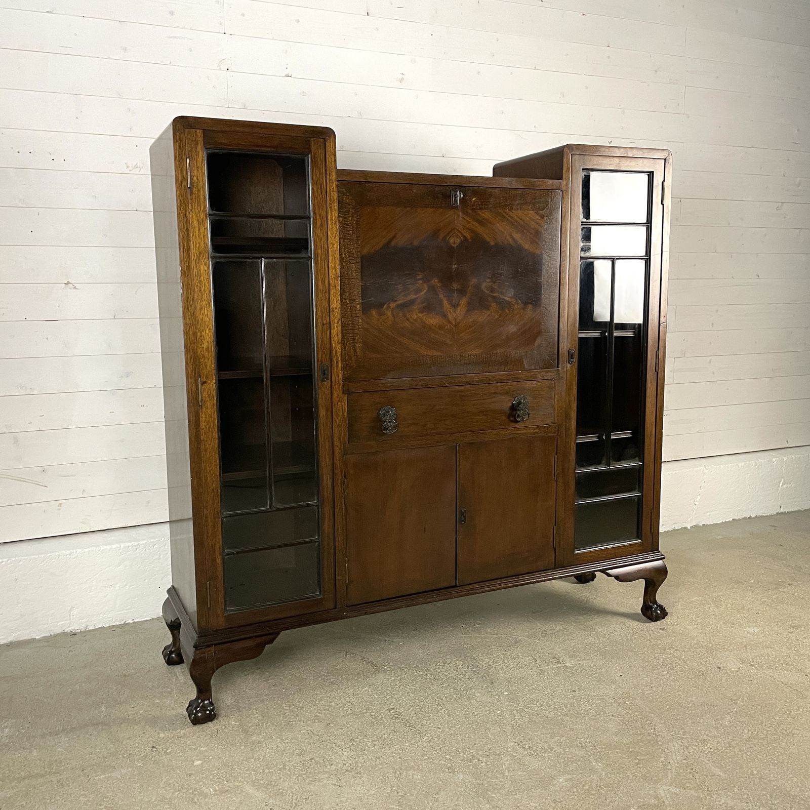 Antique Art Deco Mahogany Bureau With Glazed Cabinets