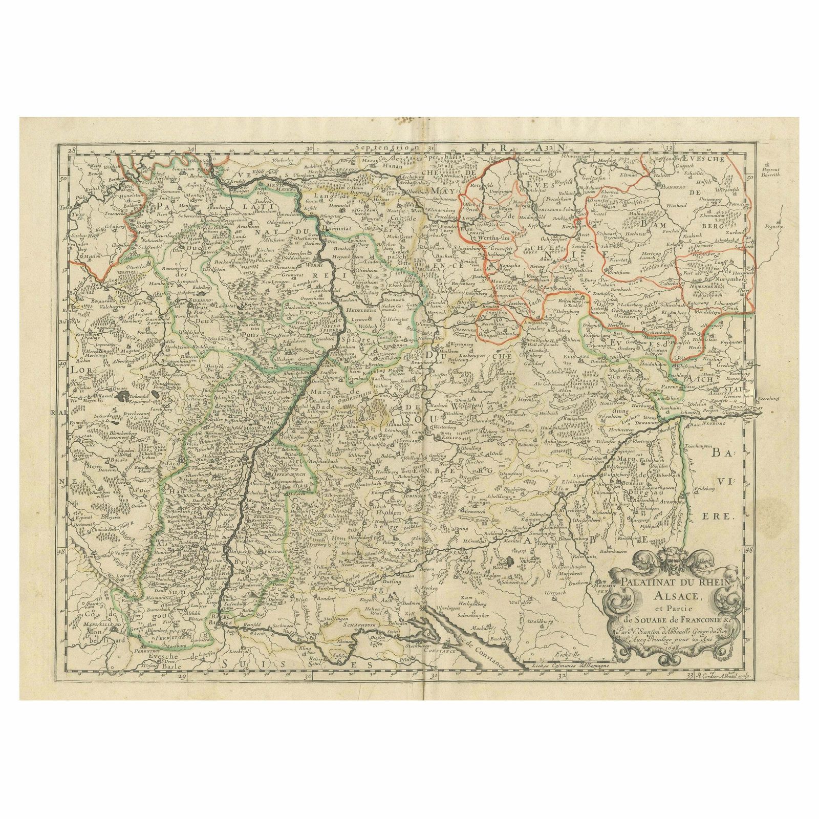 Antique Map Of The Rhineland And Alsace Region With Original Hand Coloring