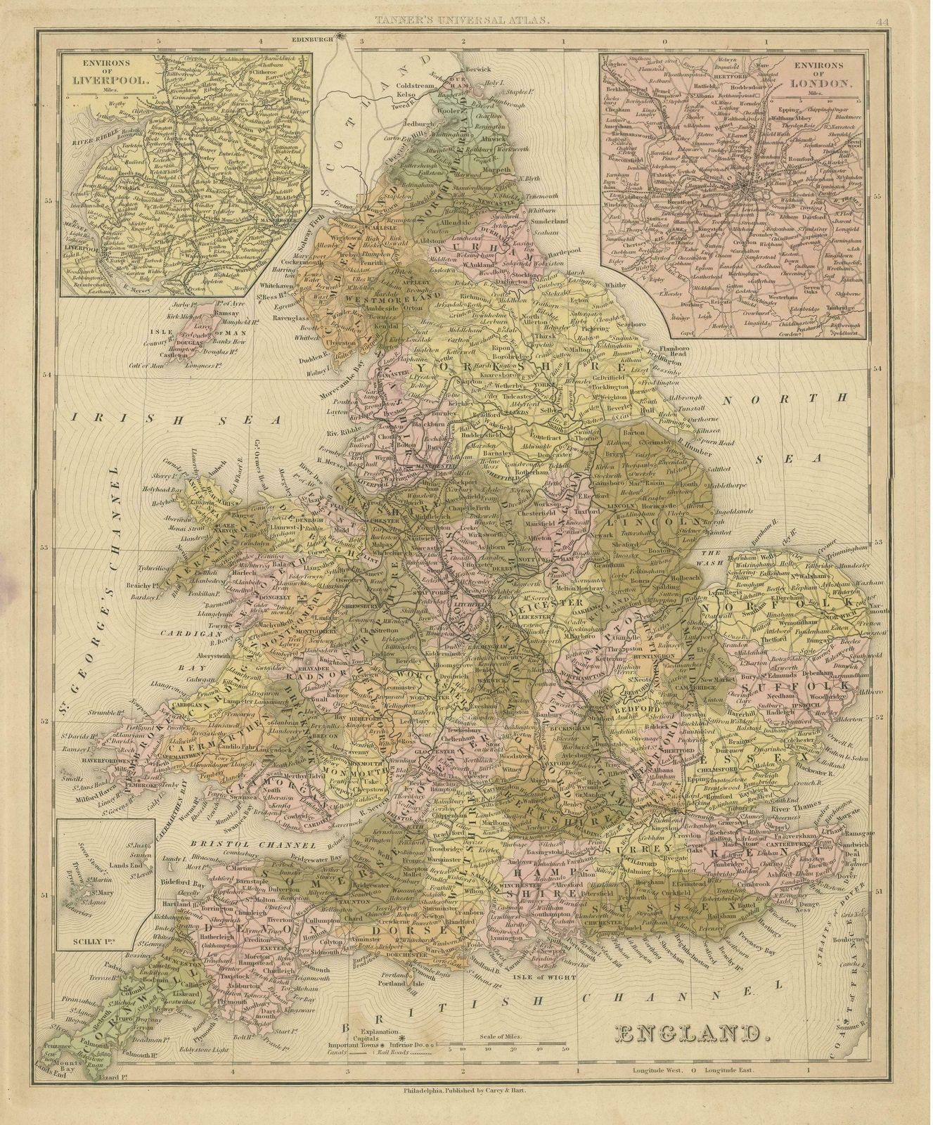 Antique Map Of England With Inset Maps Of The Region Of Liverpool And London photo for sale