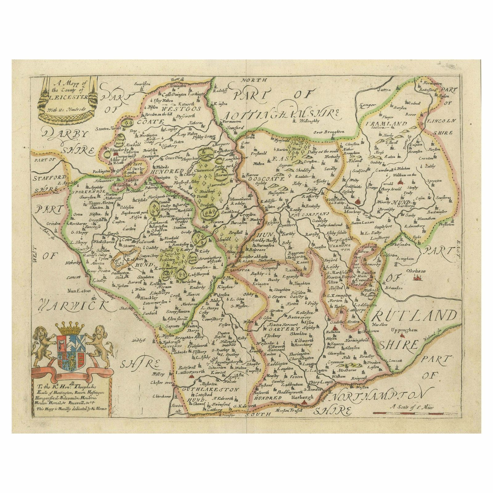 Original Antique Map Of Leicestershire, England