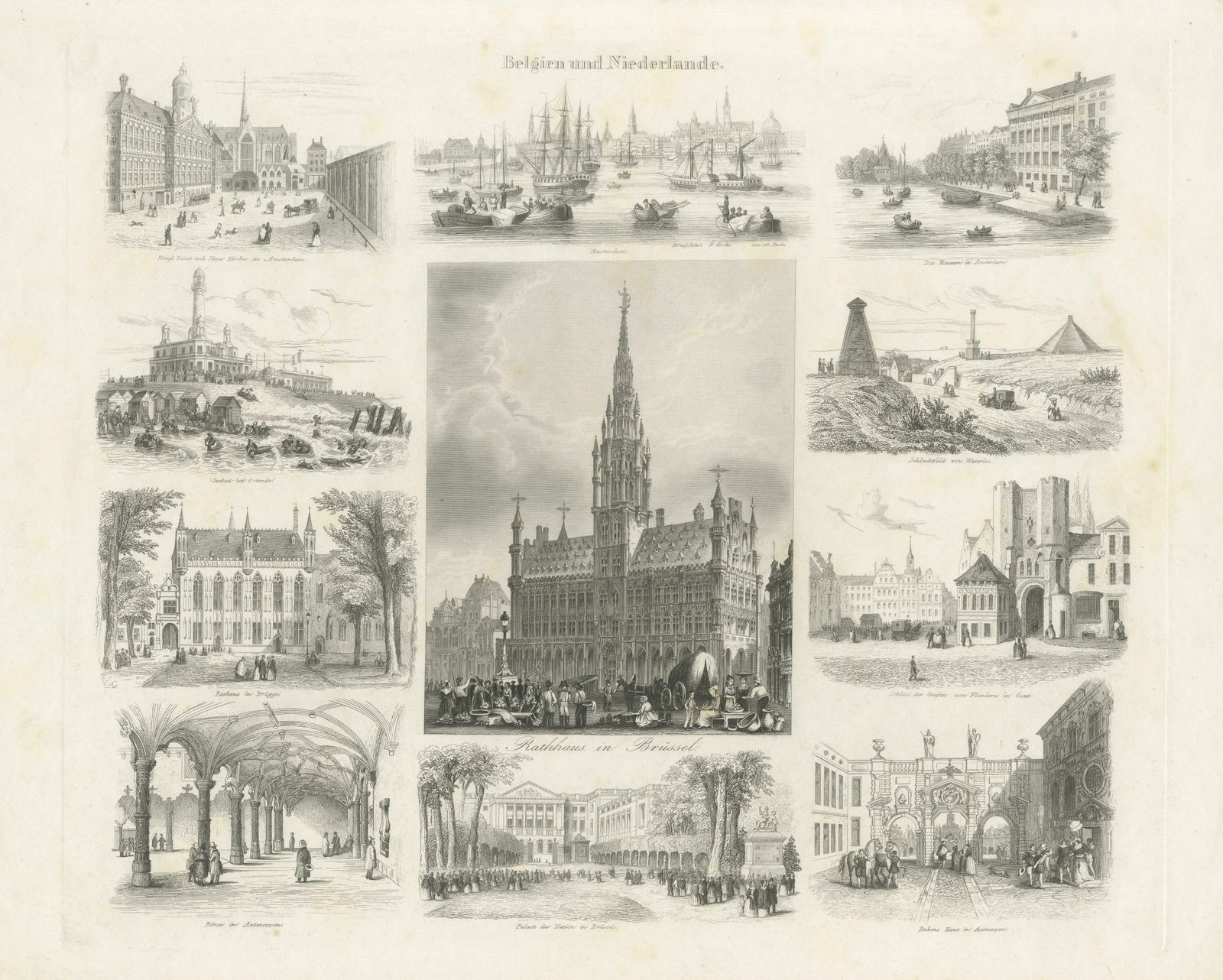 Antique Print With Various Views Of Belgium And The Netherlands photo for sale