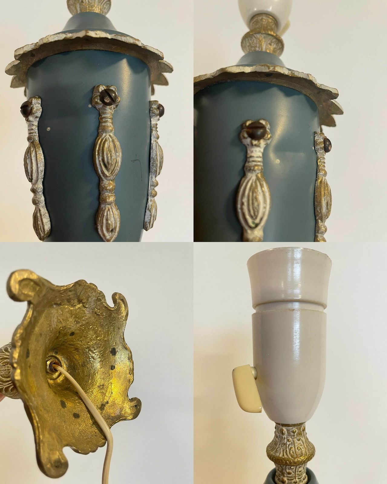 photo for sale Vintage 1930s Art Deco Table Lamp In Brass And Blue Painted Metal With Beautiful Details And Beige Fabric Shade