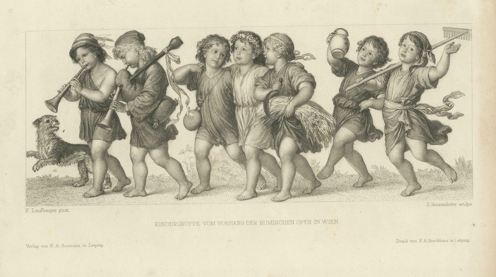 Antique Print Of A Group Of Children And A Dog photo for sale