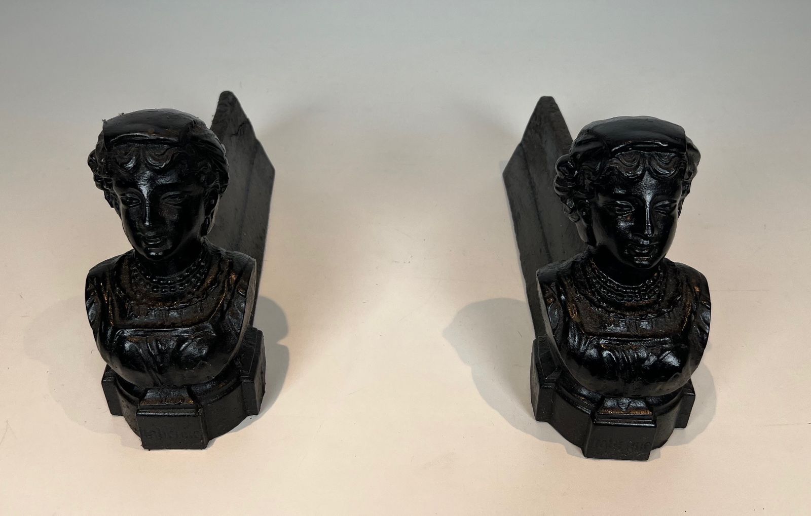 photo furniture Pair Of Cast Iron Andirons With The Effigy Of An Italian Woman