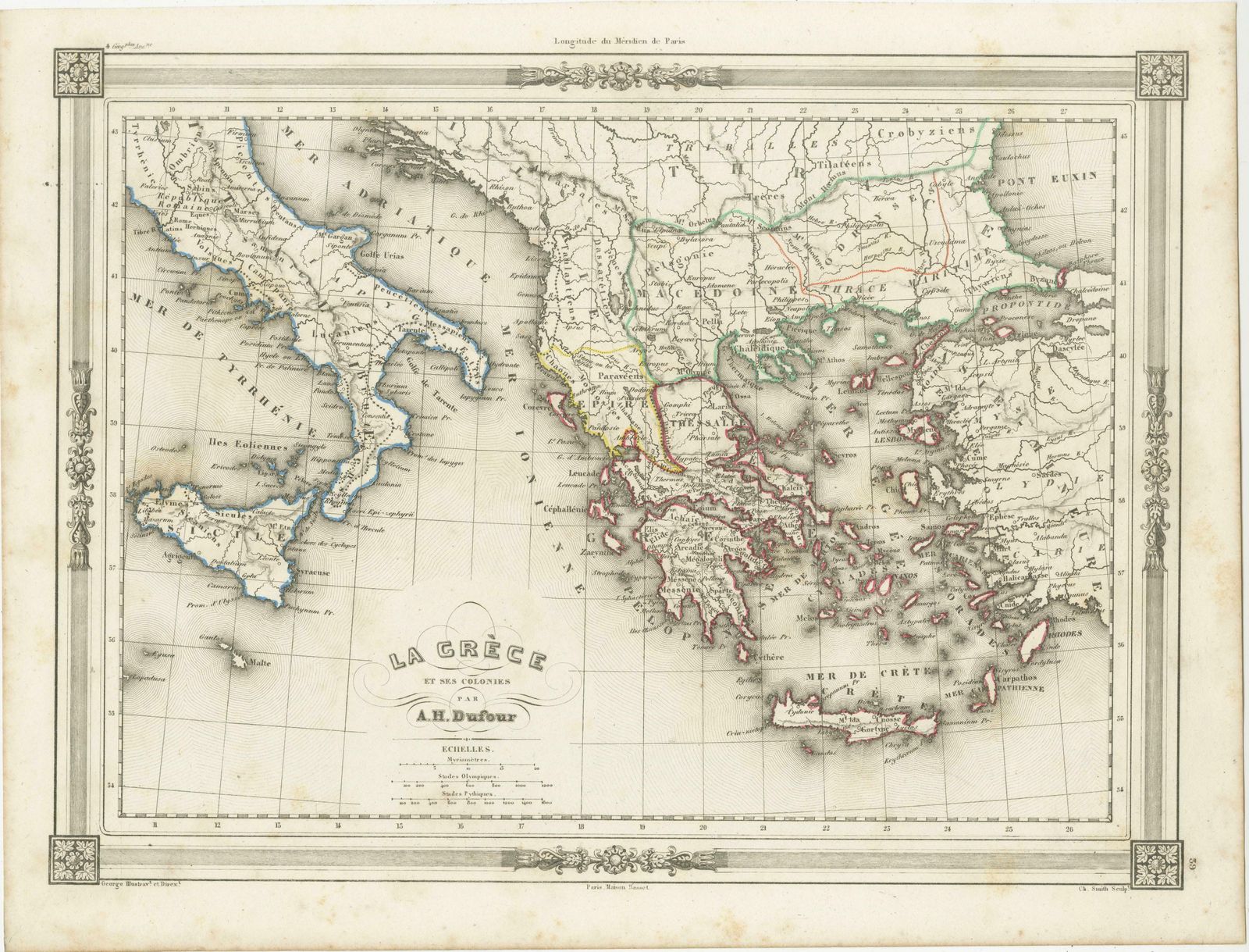 Antique Map Of Greece And Its Colonies, With Frame Style Border photo furniture