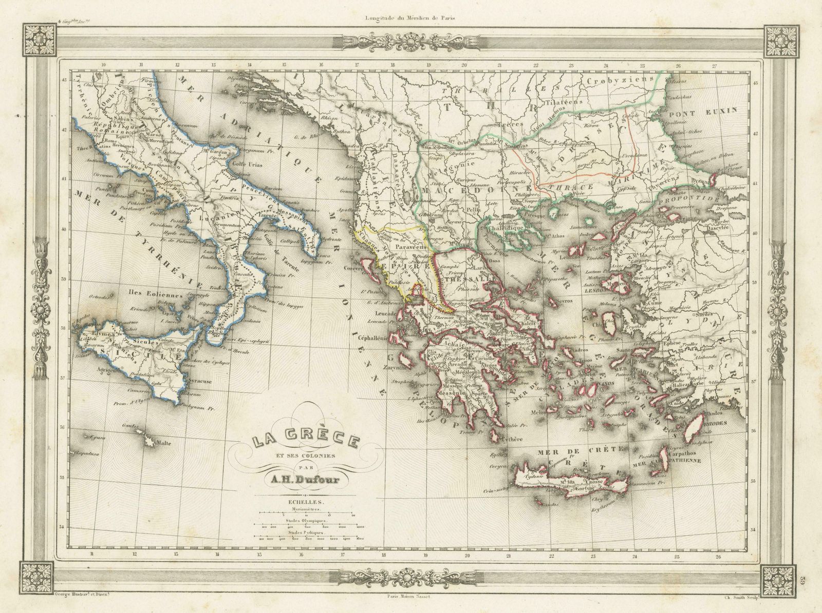 Antique Map Of Greece And Its Colonies, With Frame Style Border photo for sale