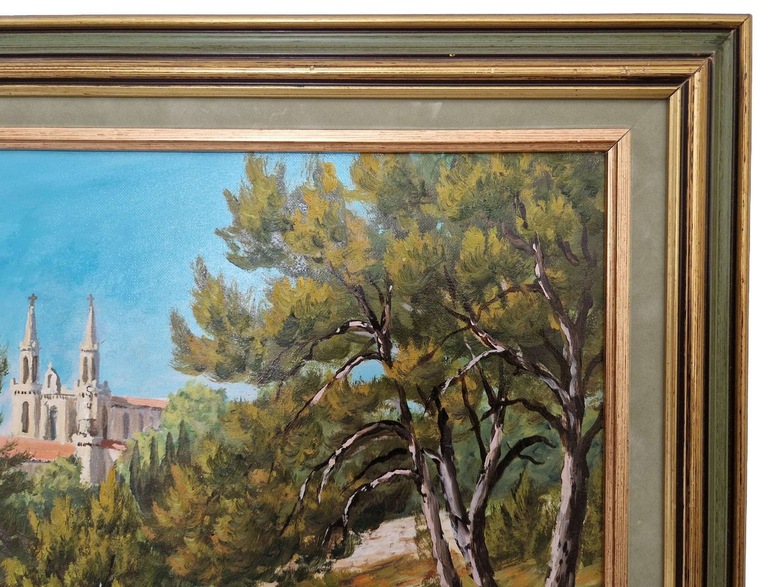 French Country Church Spire And Forest Path Painting, Framed Vintage Gallery Wall Art Of Saint Vincent De Paul In Marseille, Provence photo vintage