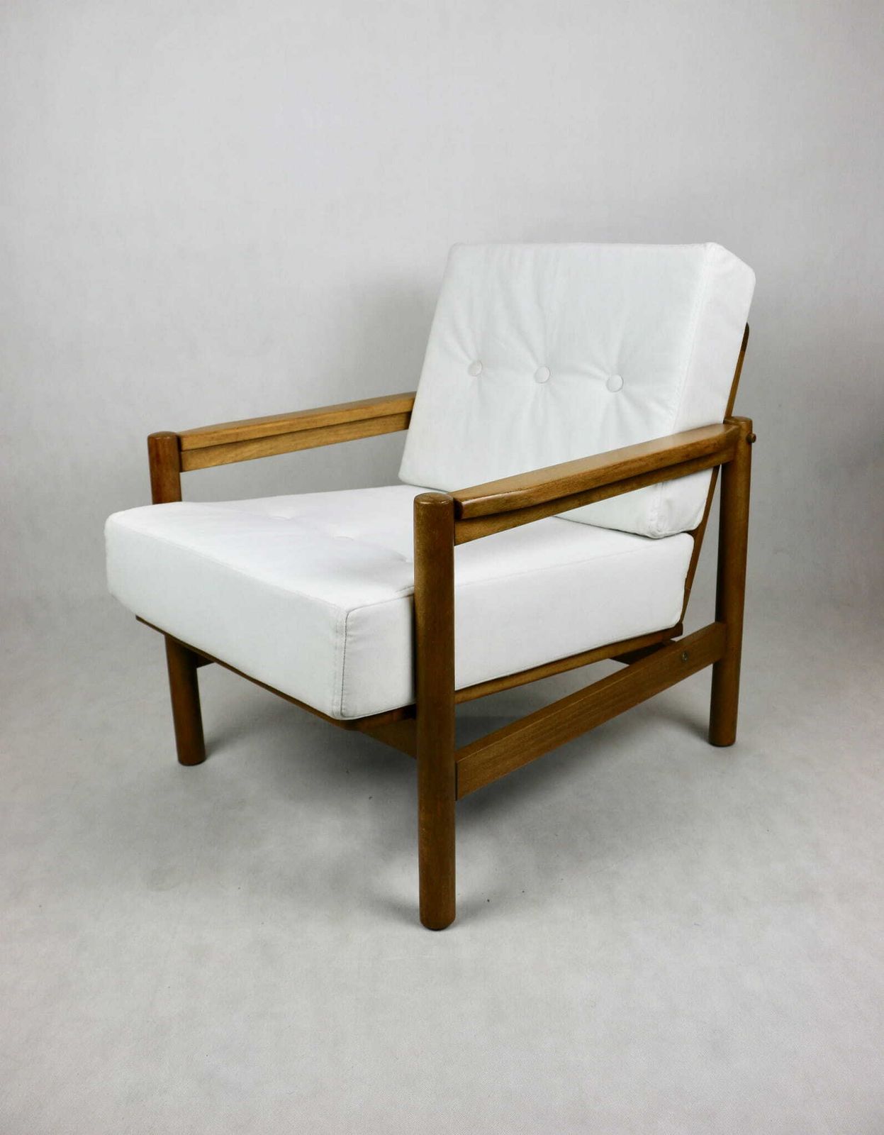 Wooden Armchair Designed By Z. Baczyk, Brown Vintage White Velvet Jade Easy To Clean photo for sale