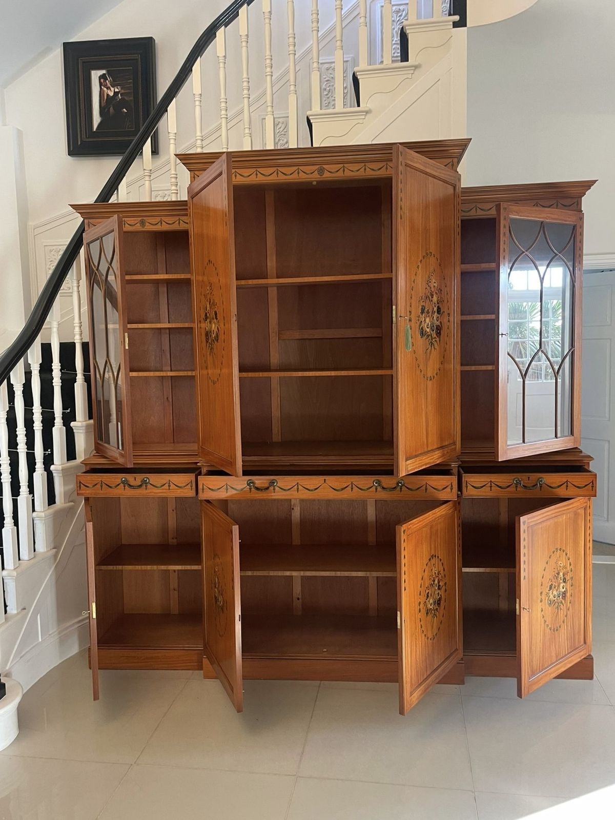 Large Quality Satinwood Breakfront Bookcase With Original Painted Decoration photo Furniture