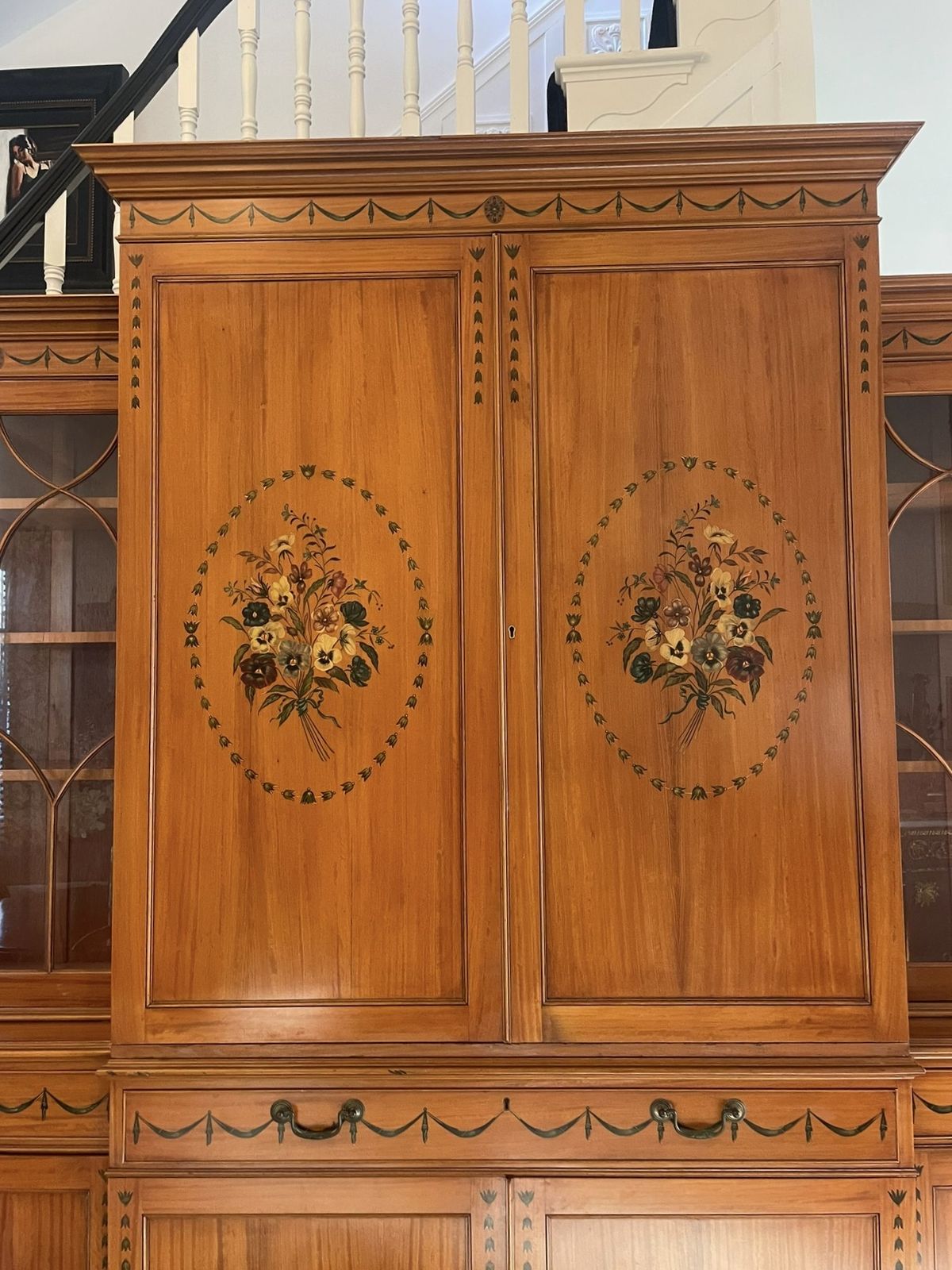 Large Quality Satinwood Breakfront Bookcase With Original Painted Decoration photo buy