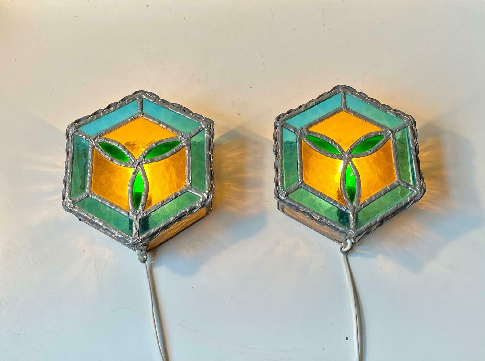 Vintage Scandinavian Gothic Style Stained Glass Wall Sconces photo for sale