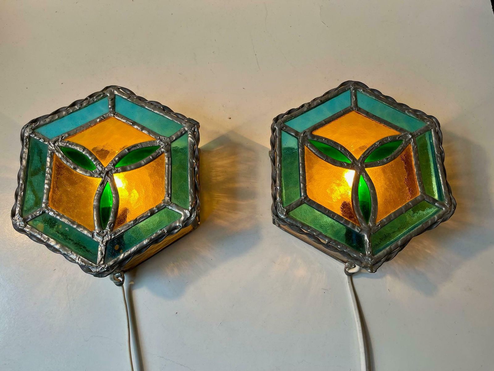 photo for sale Vintage Scandinavian Gothic Style Stained Glass Wall Sconces