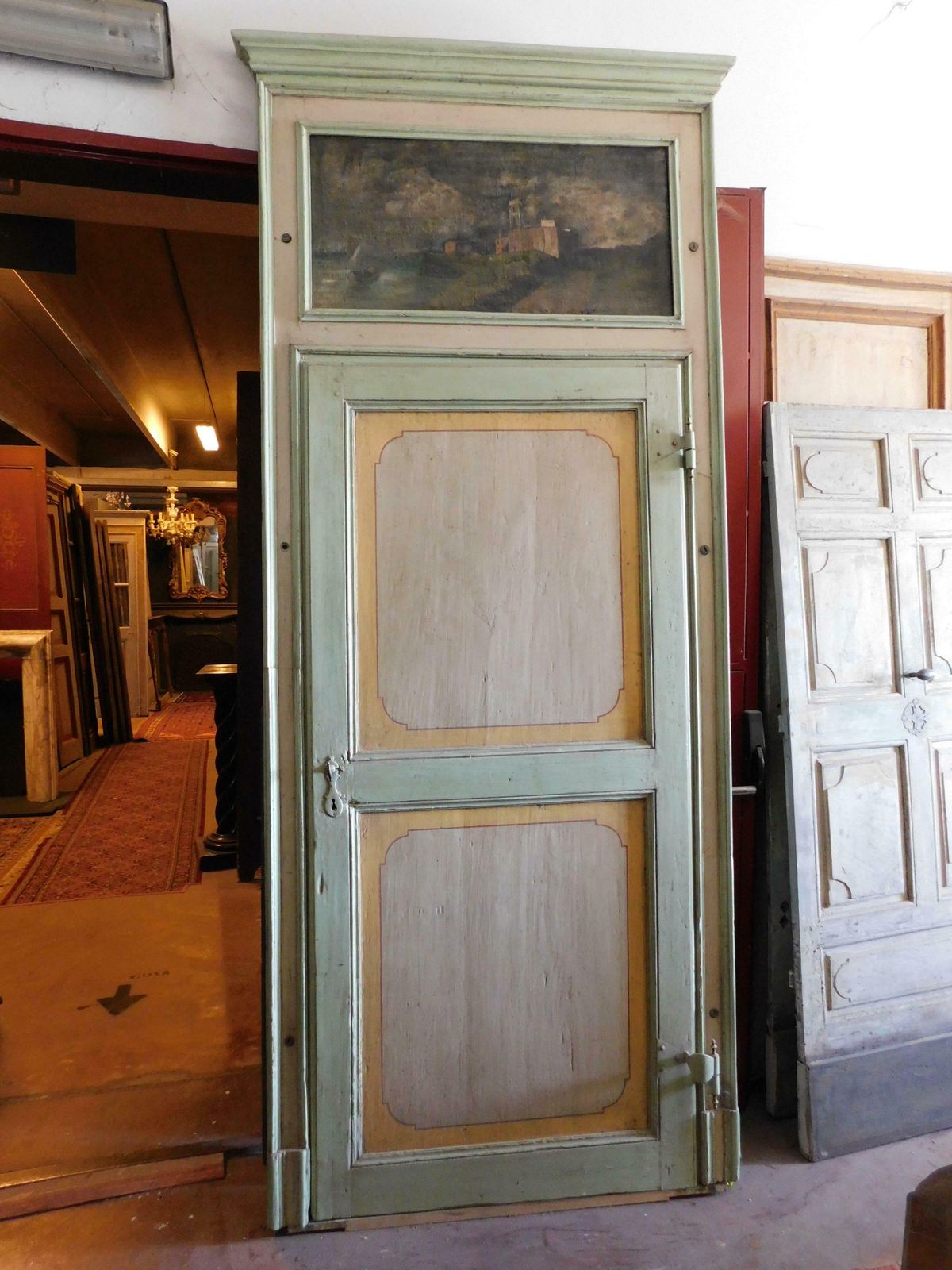Interior Door In Painted Wood, Complete With Frame And Painted Overdoor, Italy photo for sale