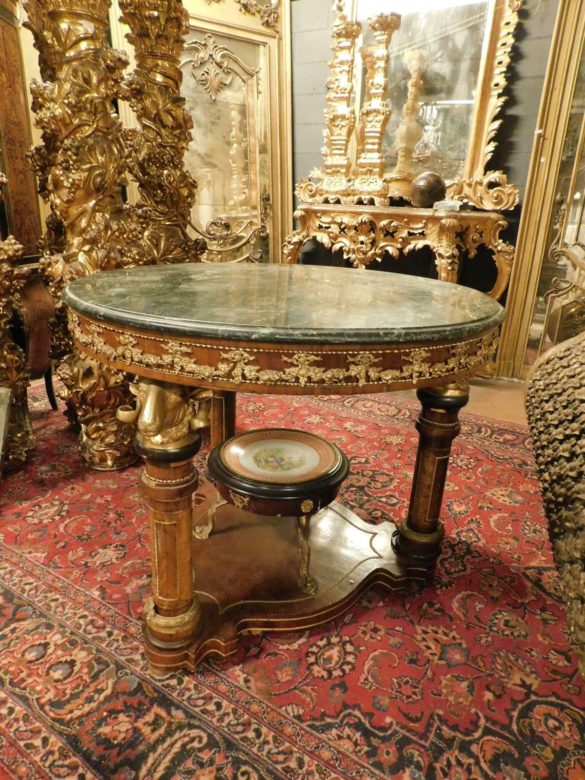 Round Table With Pedestal, Chiseled Bronzes, Green Marble Top, 1840 Germany photo 10537.0