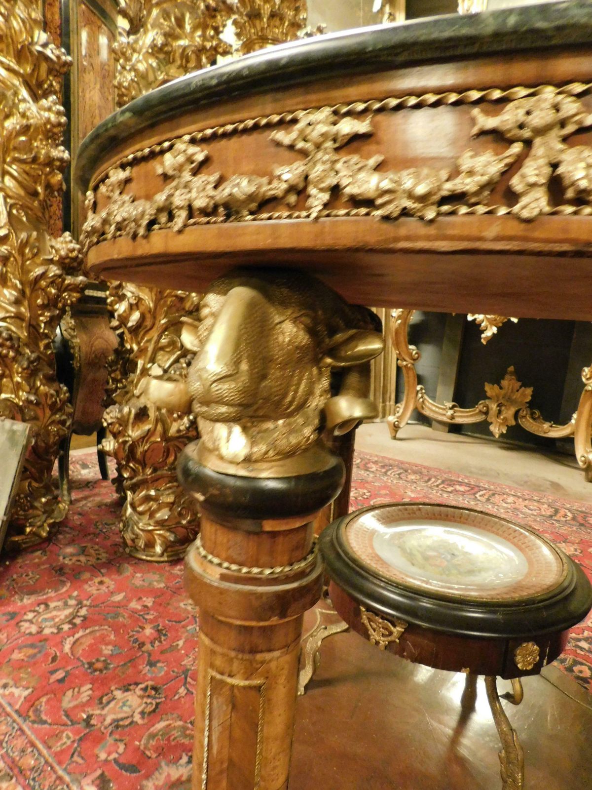 Round Table With Pedestal, Chiseled Bronzes, Green Marble Top, 1840 Germany photo vintage
