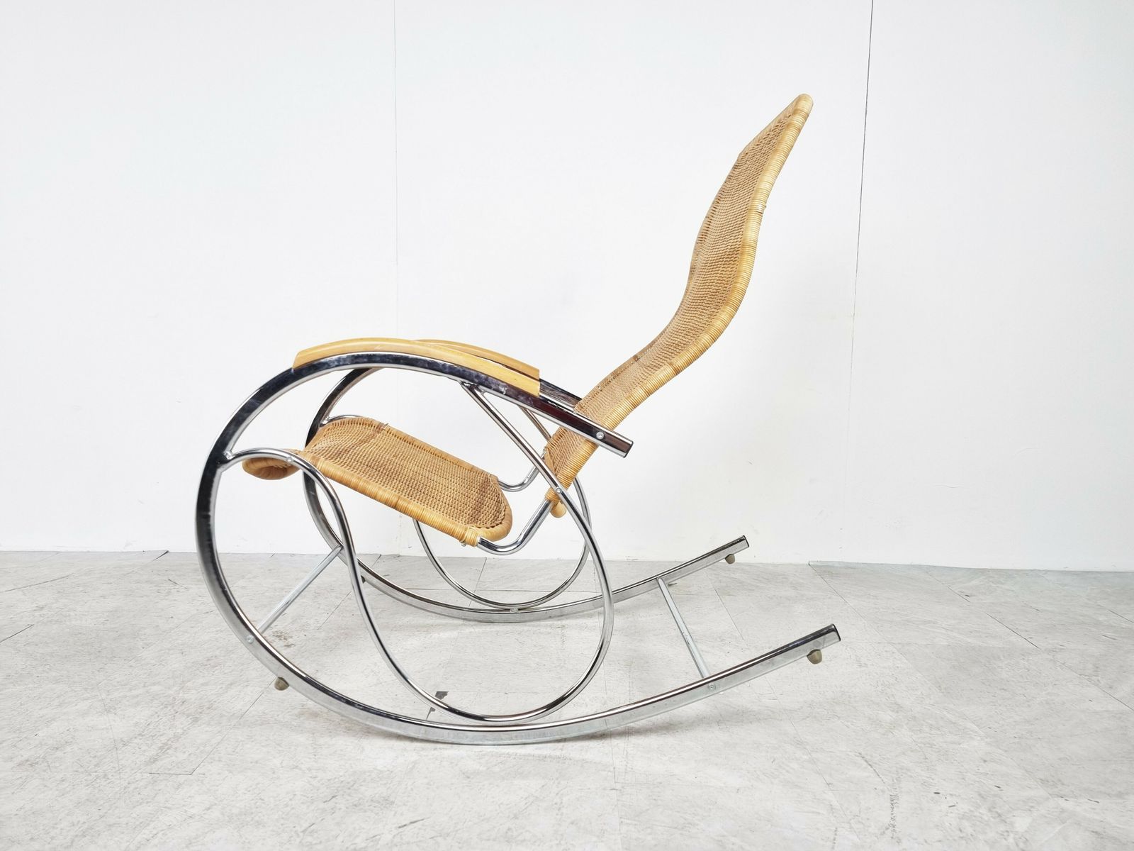 Vintage Chrome And Wicker Rocking Chair, 1970s photo 750.0