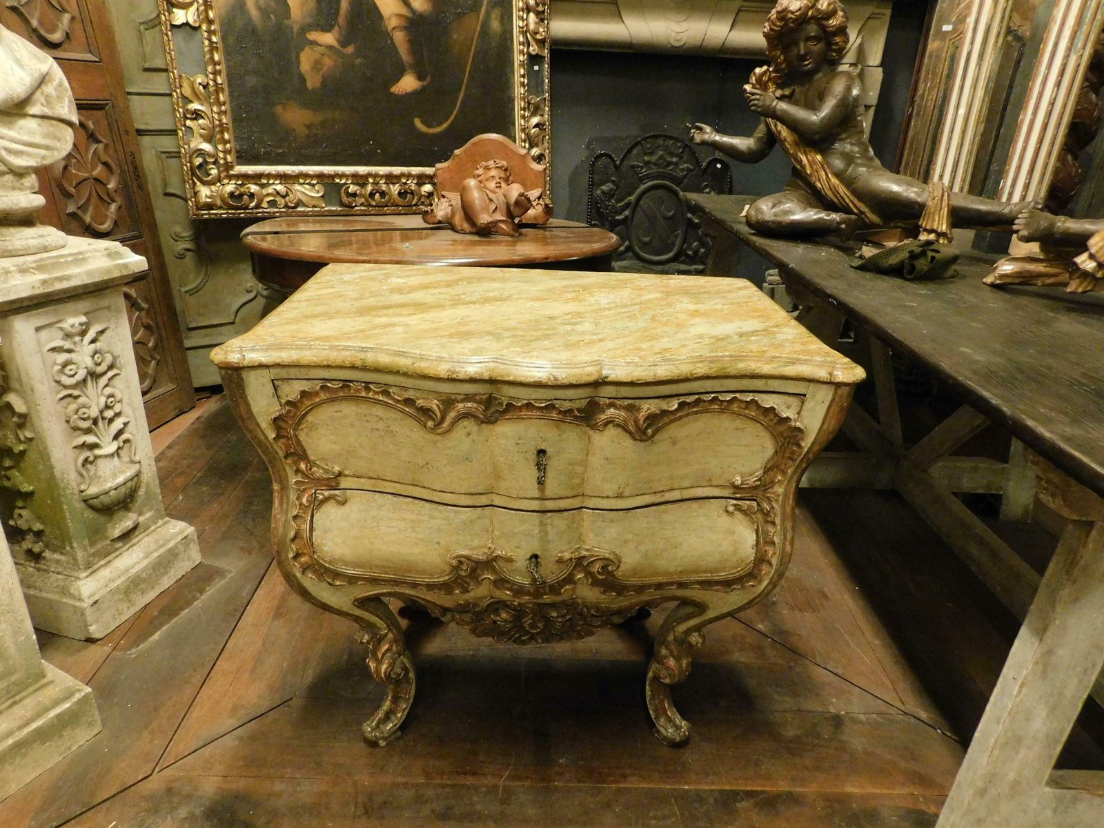 Antique Venetian Lacquered And Gilded Chest Of Drawers, Richly Carved, Italy photo for sale