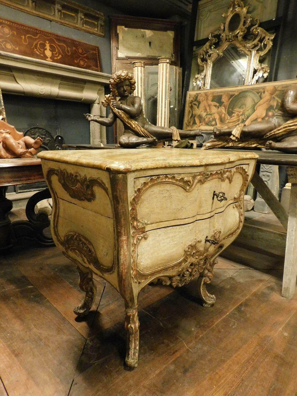 Antique Venetian Lacquered And Gilded Chest Of Drawers, Richly Carved, Italy photo buy