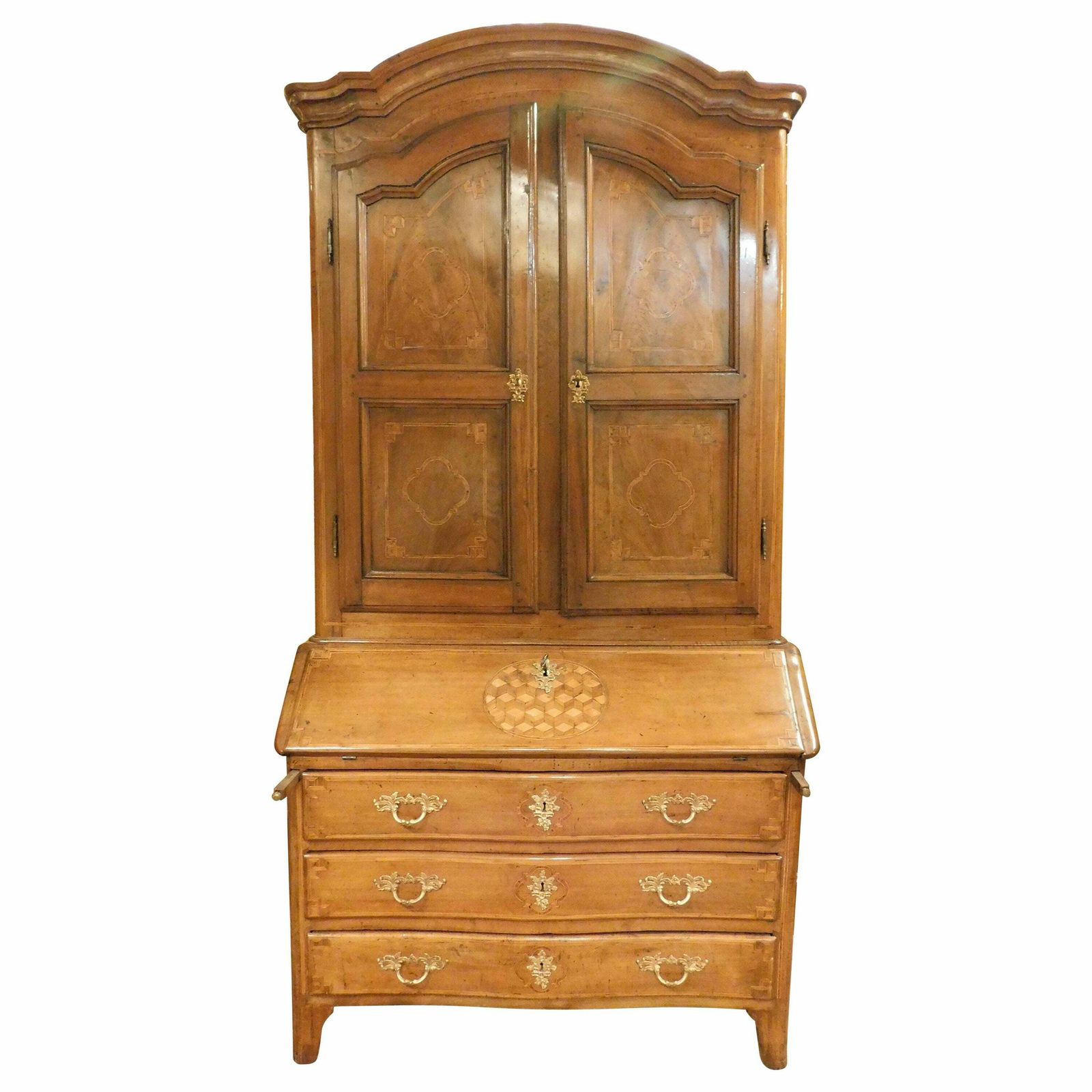 Antique Walnut Trumeau, Richly Inlaid, 2 Doors, Drawers And Flap, Italy