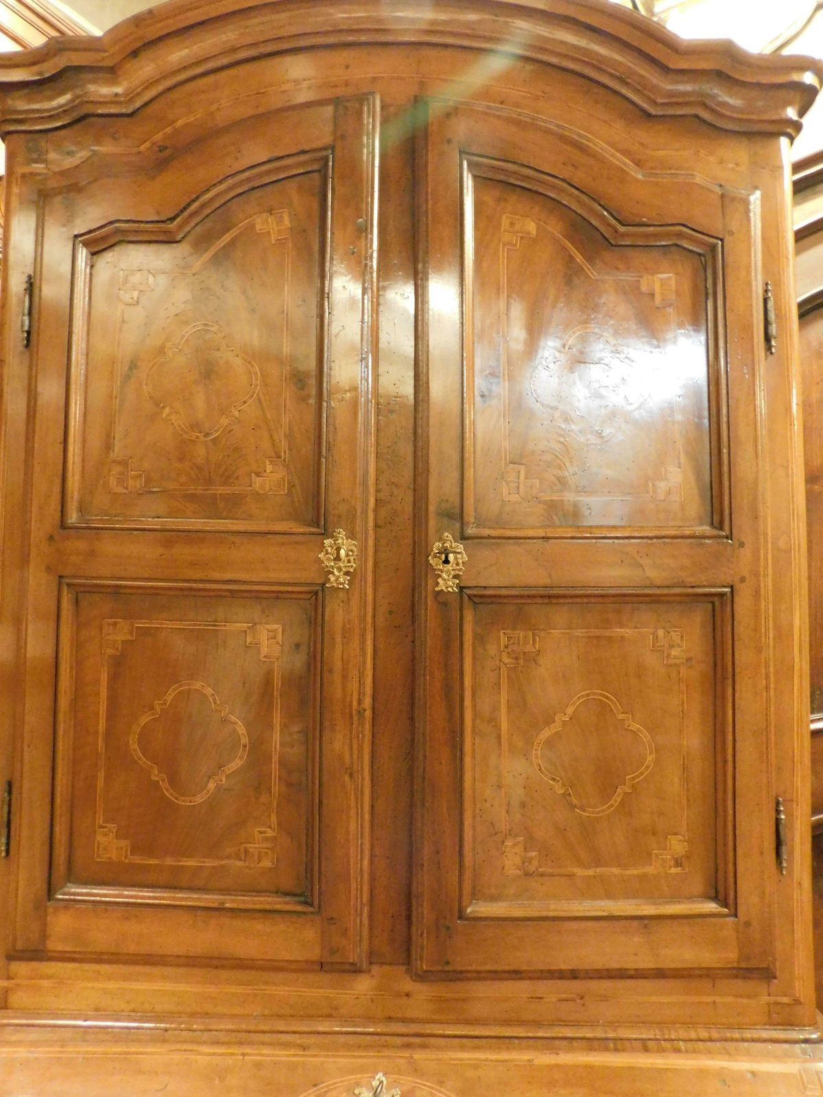 Antique Walnut Trumeau, Richly Inlaid, 2 Doors, Drawers And Flap, Italy photo vinterior