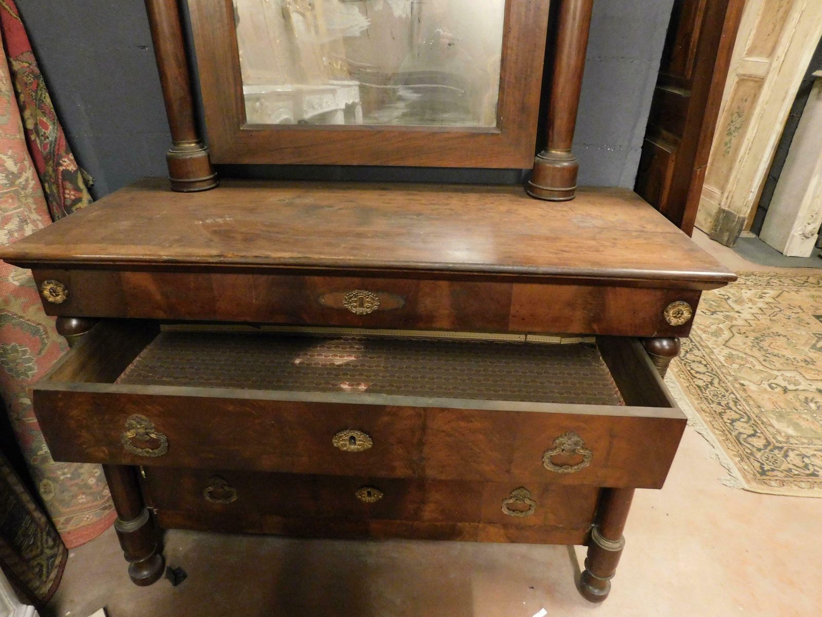 Console Mirror And Chest Of Drawers, Walnut Wood Veneered, Gilded Bronze, Italy photo Furniture