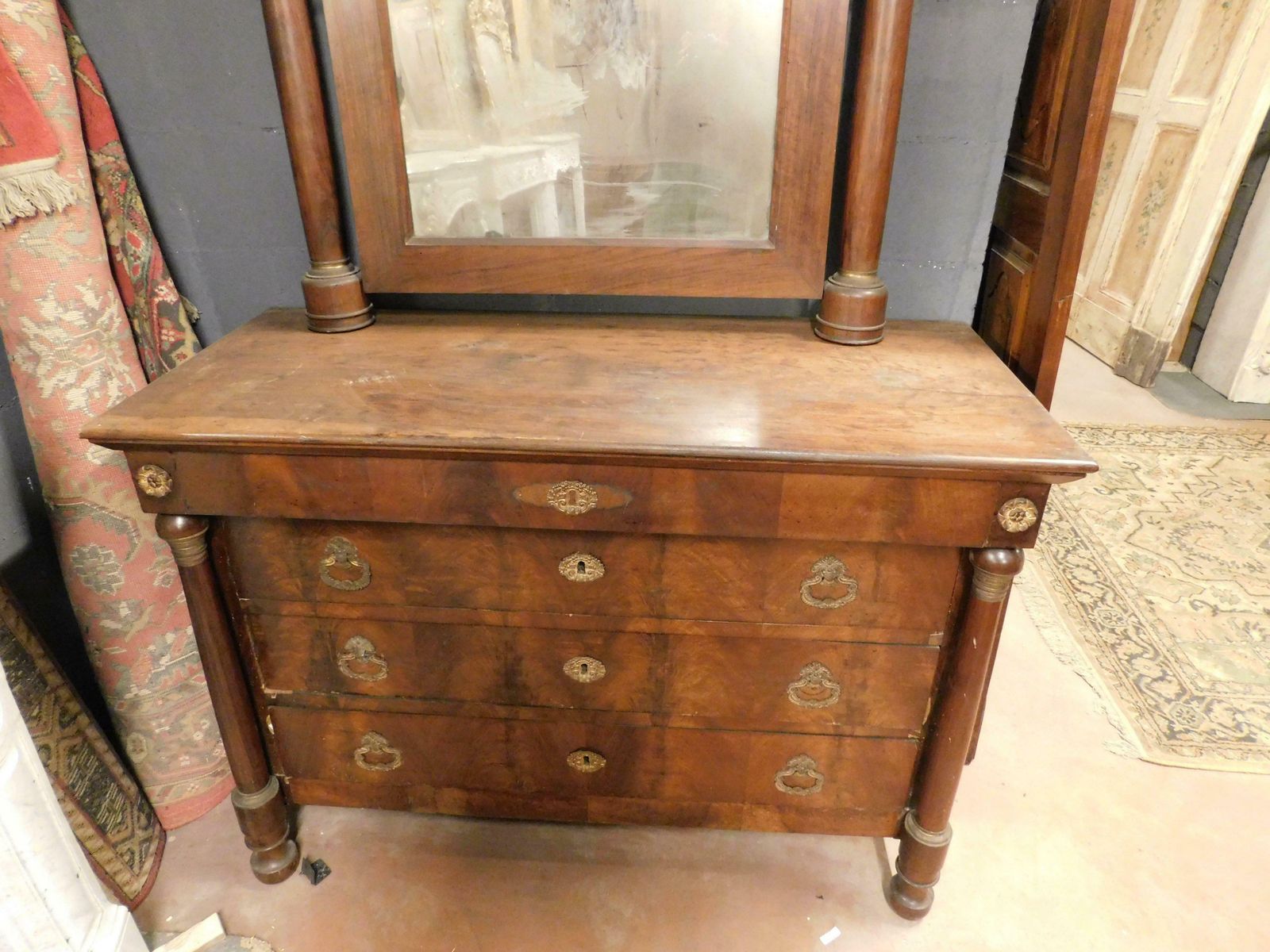 photo for sale Console Mirror And Chest Of Drawers, Walnut Wood Veneered, Gilded Bronze, Italy