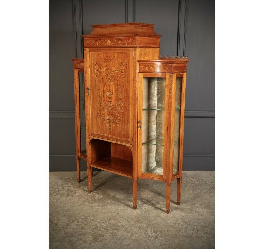 Edwardian Marquetry Inlaid Mahogany Glazed Side Cabinet photo vintage