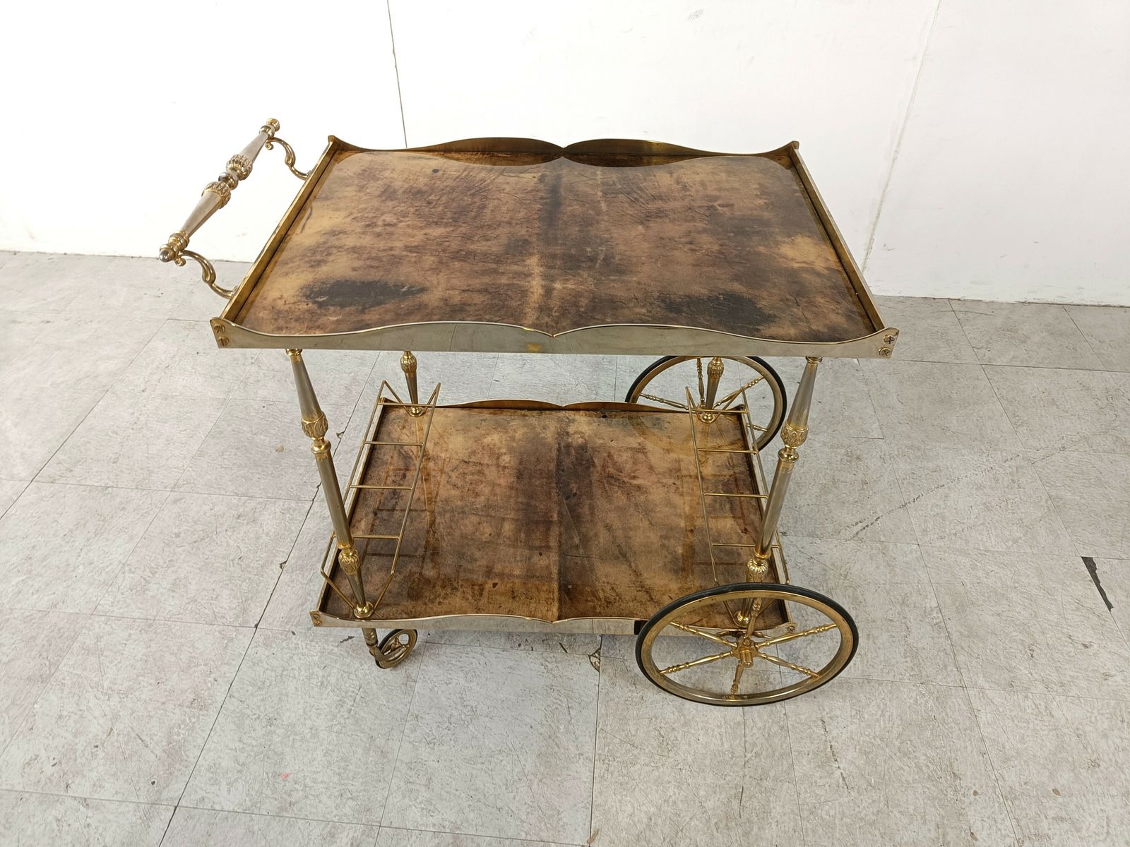 photo furniture Italian Lacquered Goatskin / Parchment Serving Bar Cart By Aldo Tura, 1960s