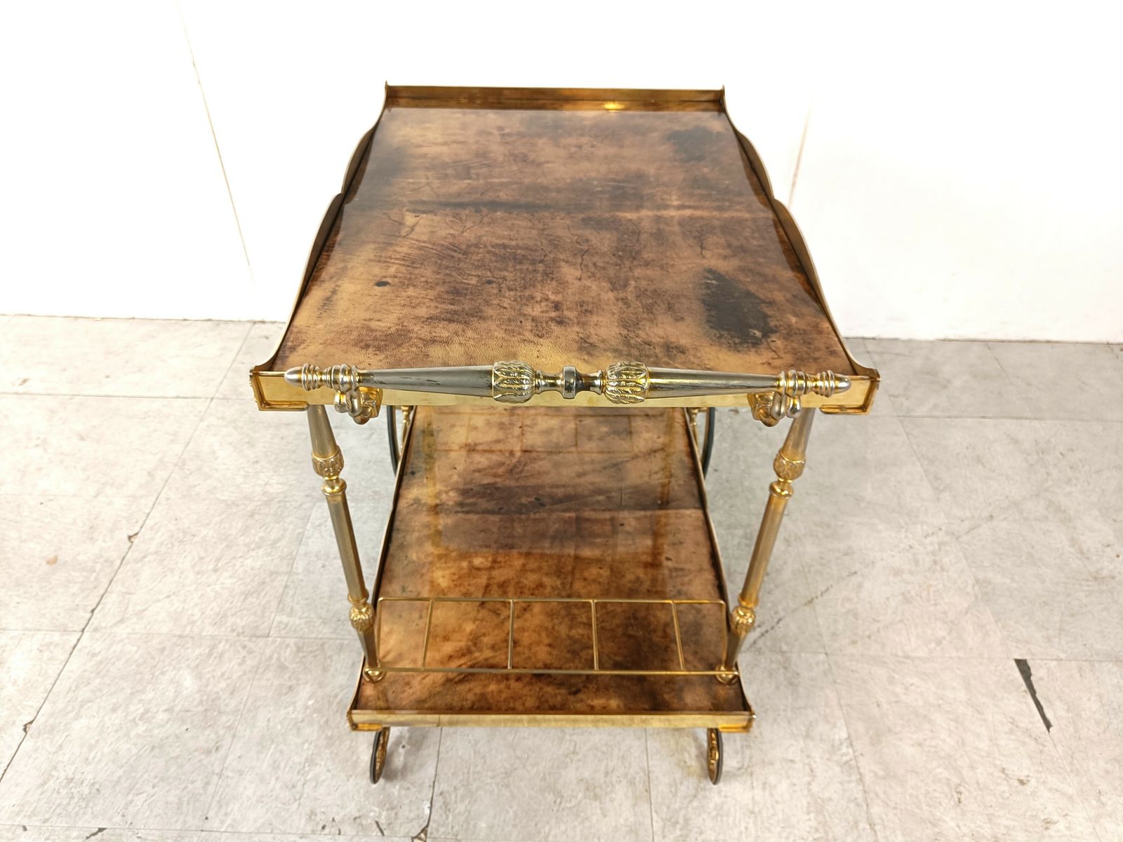 photo for sale Italian Lacquered Goatskin / Parchment Serving Bar Cart By Aldo Tura, 1960s