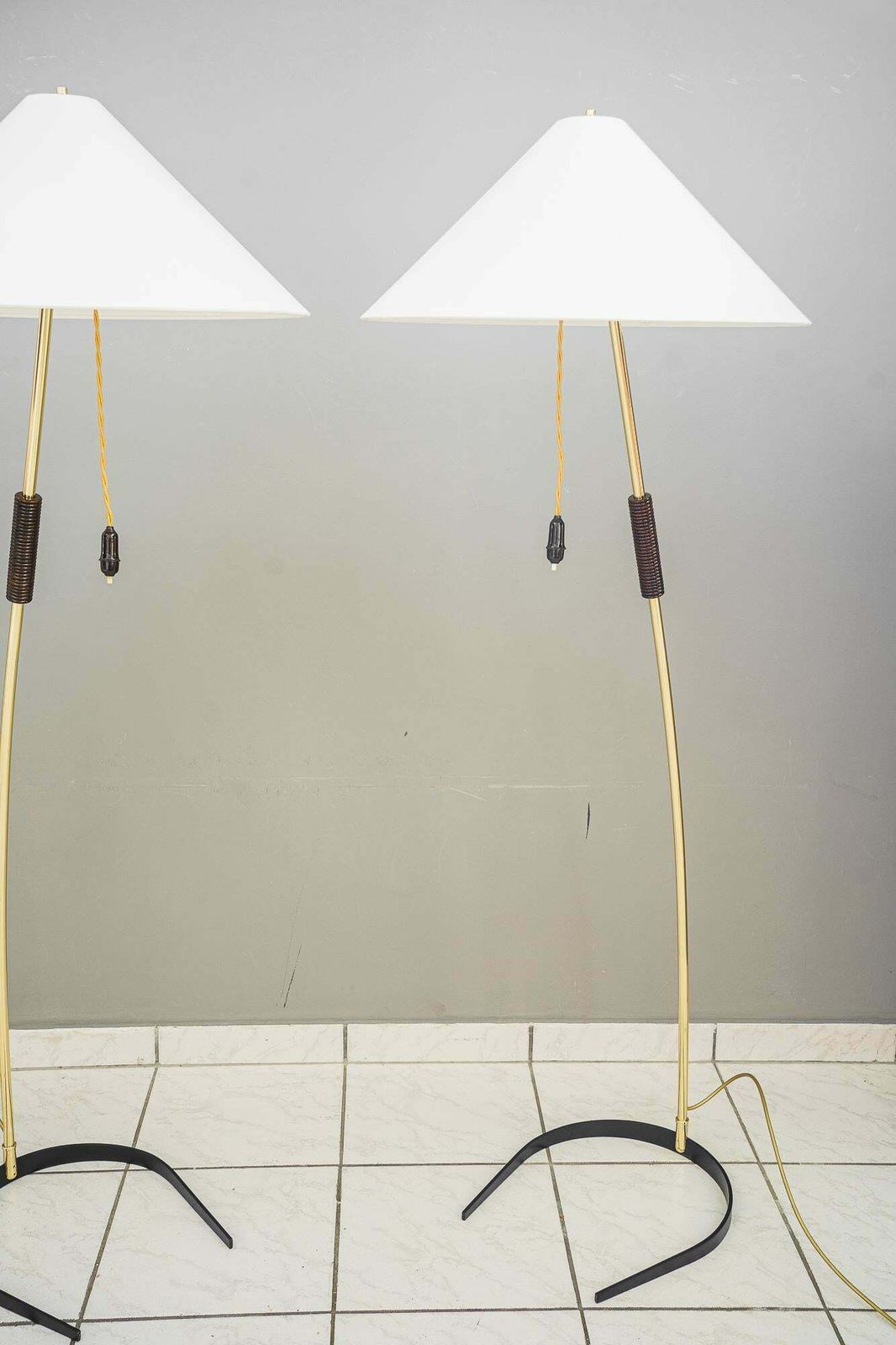 2x Rupert Nikoll Floor Lamps With Wood Handle, Circa 1950s photo for sale
