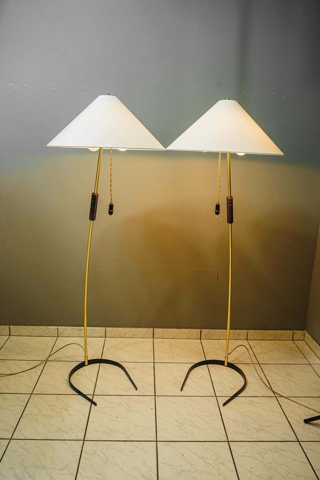 photo buy 2x Rupert Nikoll Floor Lamps With Wood Handle, Circa 1950s