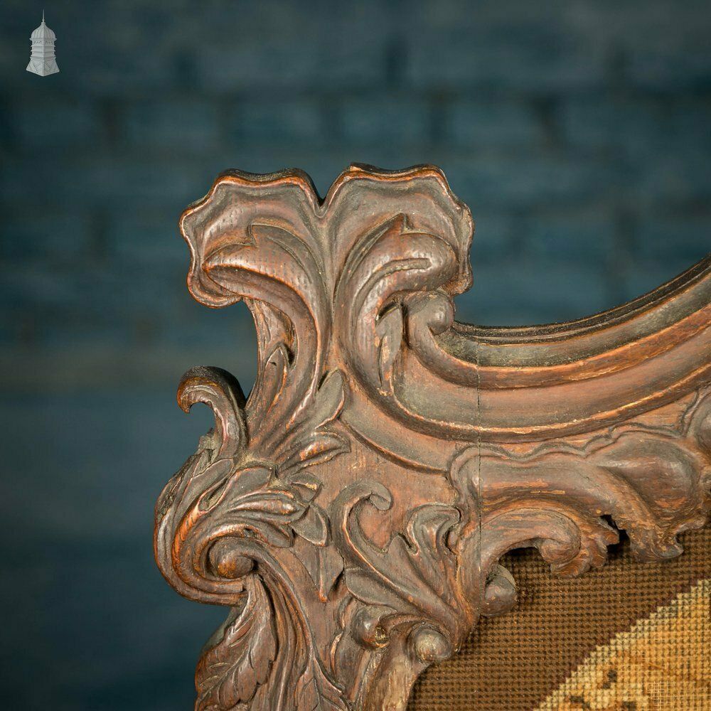 Carved French Fire Screen, Crewel Work Tapestry, 18th C Carved Oak Frame photo for sale