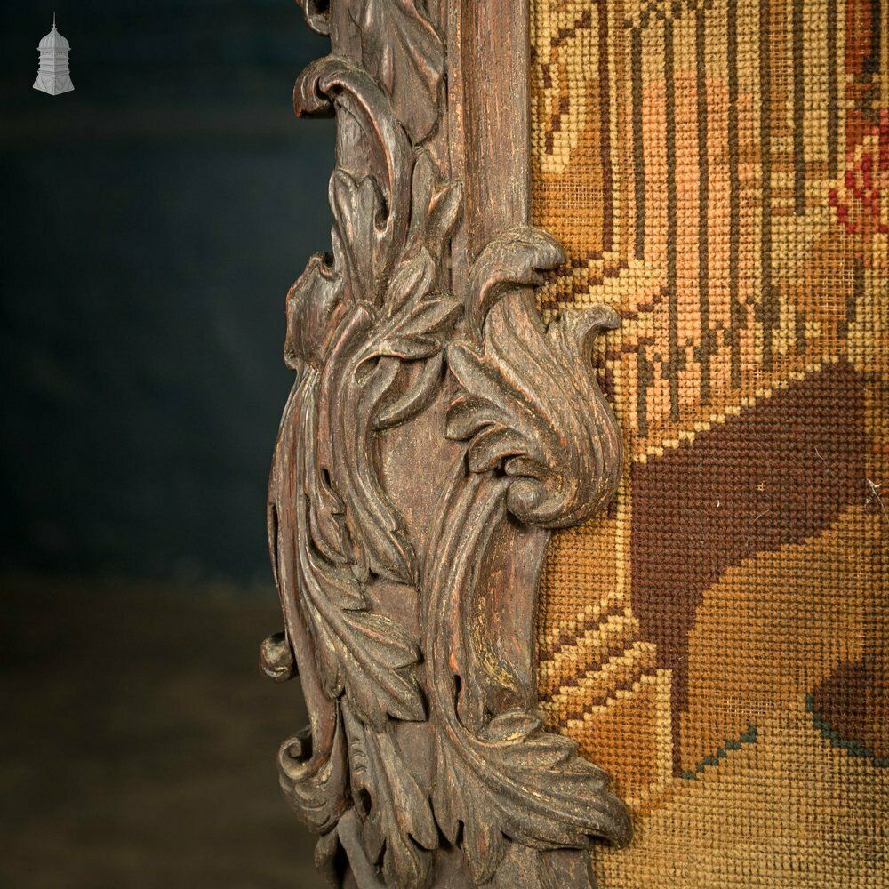 photo furniture Carved French Fire Screen, Crewel Work Tapestry, 18th C Carved Oak Frame