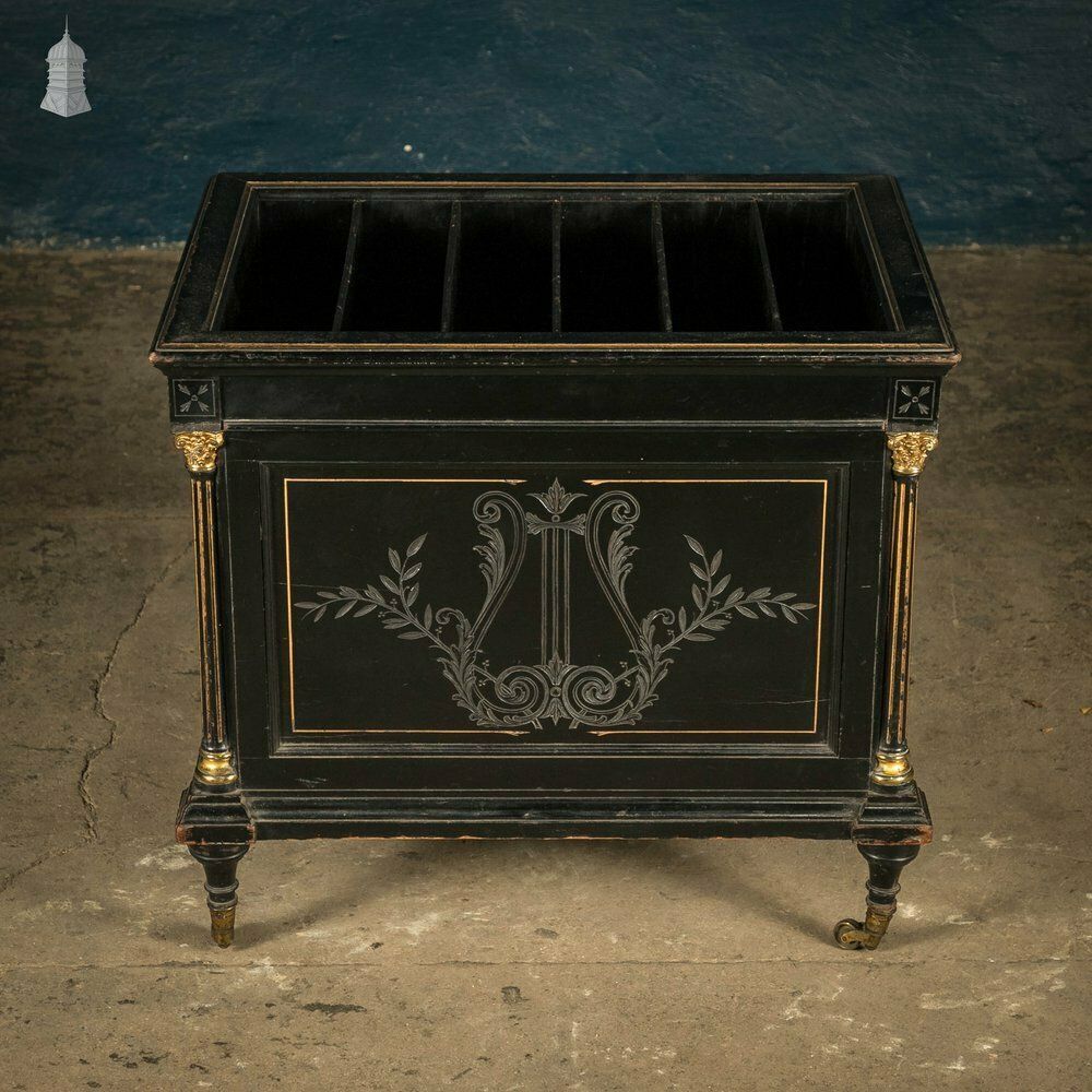 Victorian Canterbury Sheet Music Rack, Ebonised Hardwood With Gold Column Details photo furniture