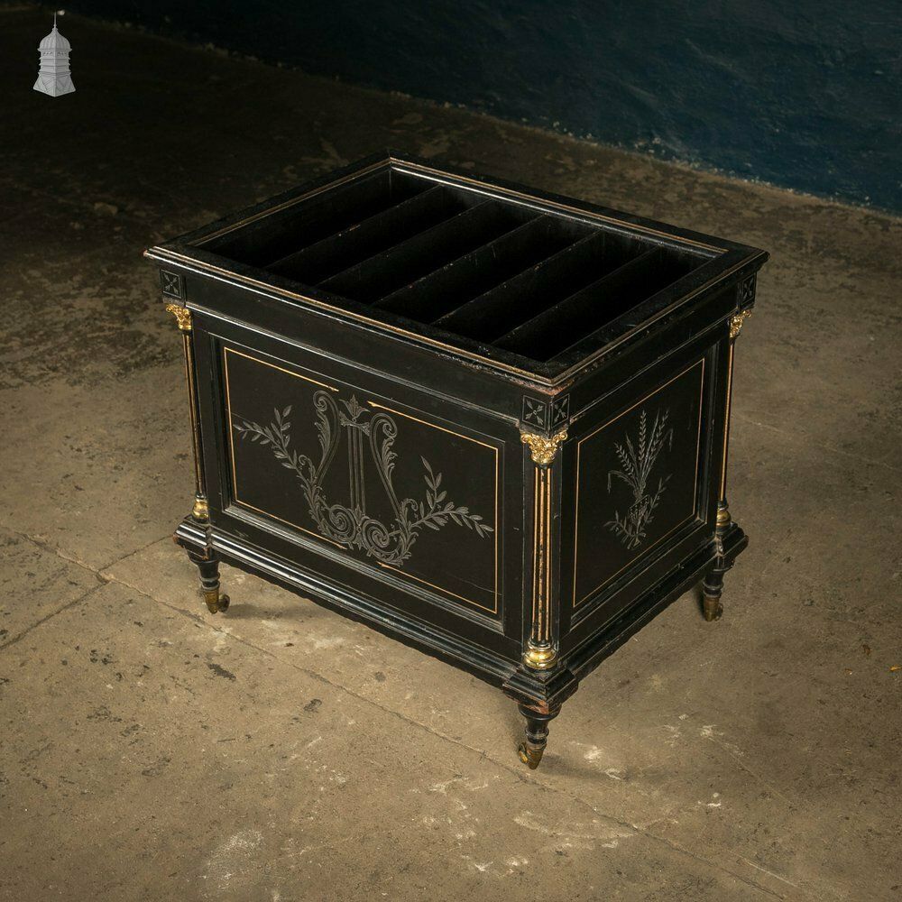 Victorian Canterbury Sheet Music Rack, Ebonised Hardwood With Gold Column Details photo vintage