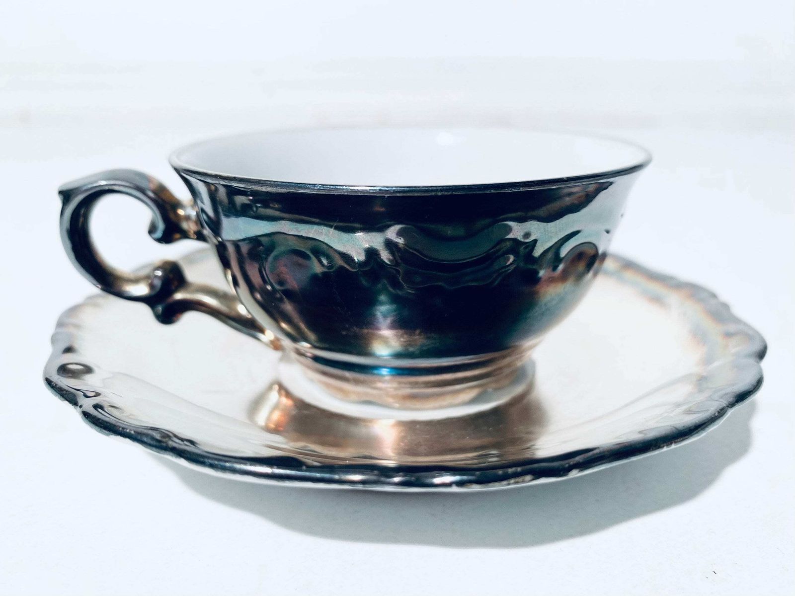 Silver Plated Rudolf Wachter Bavaria Porcelain Tea Cup Set With Milk & Sugar Holders / 1920s   1940s photo Home Decor