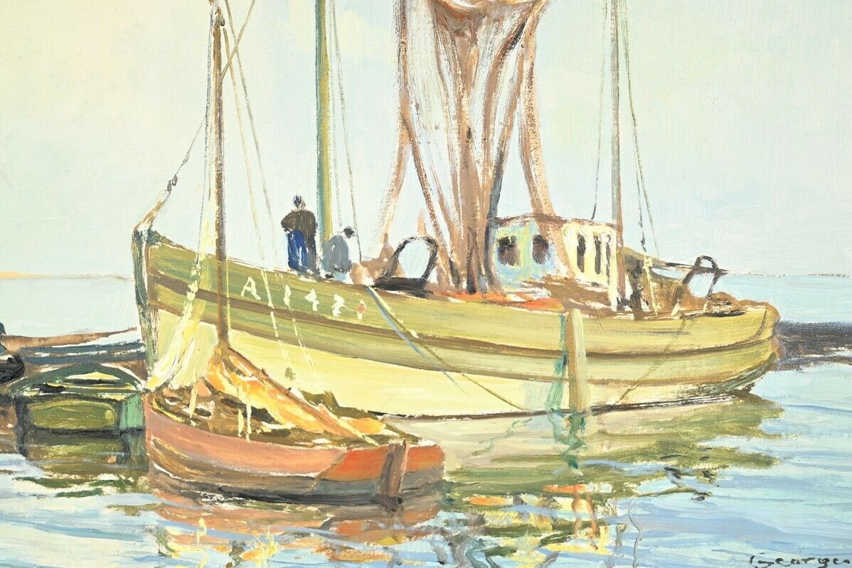 Oil Painting On Hardboard “Trawler And Tuna Boats”, Signed G.Lhermitte – Mid 20th Century photo buy