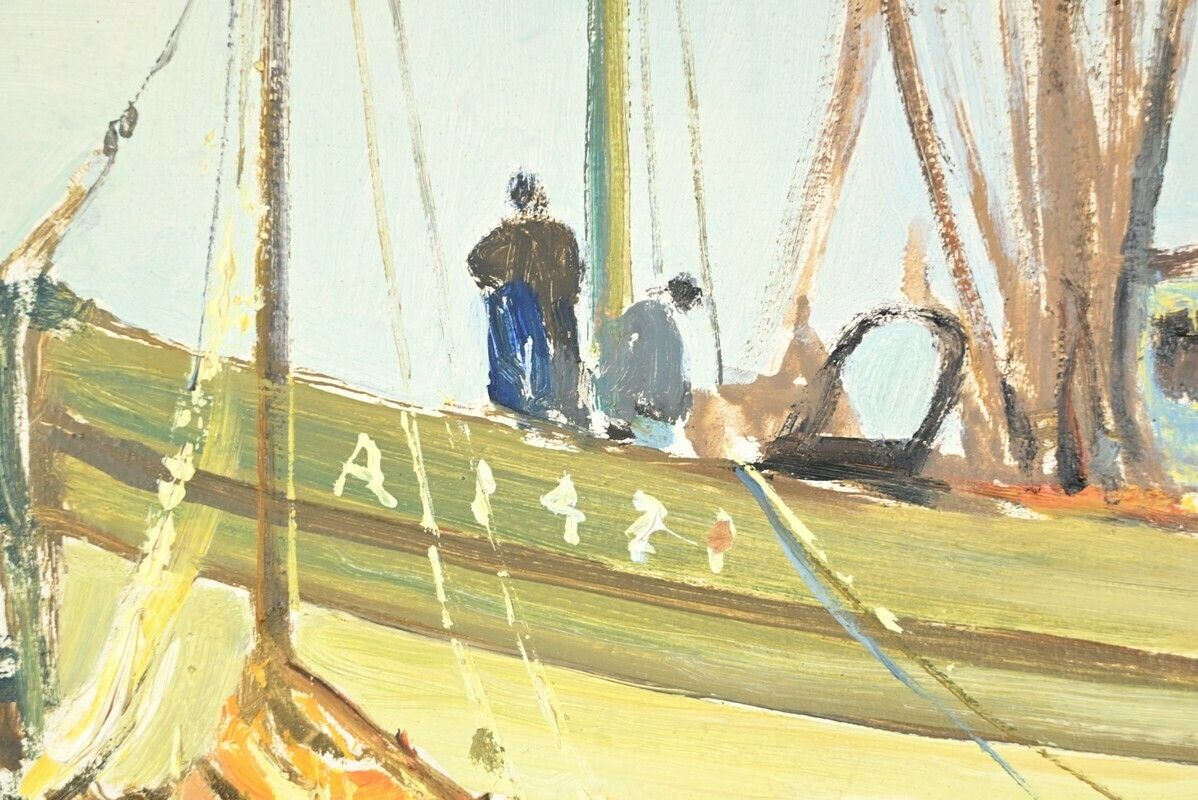 photo for sale Oil Painting On Hardboard “Trawler And Tuna Boats”, Signed G.Lhermitte – Mid 20th Century