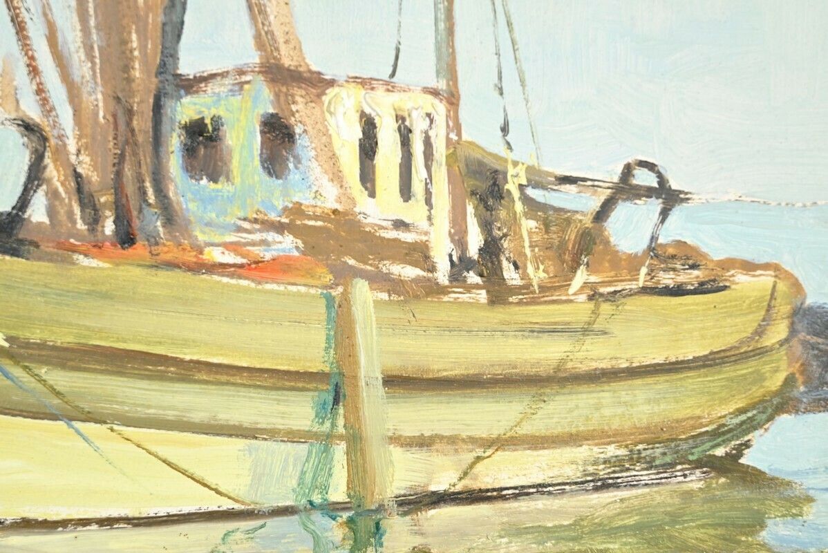 Art Oil Painting On Hardboard “Trawler And Tuna Boats”, Signed G.Lhermitte – Mid 20th Century photo