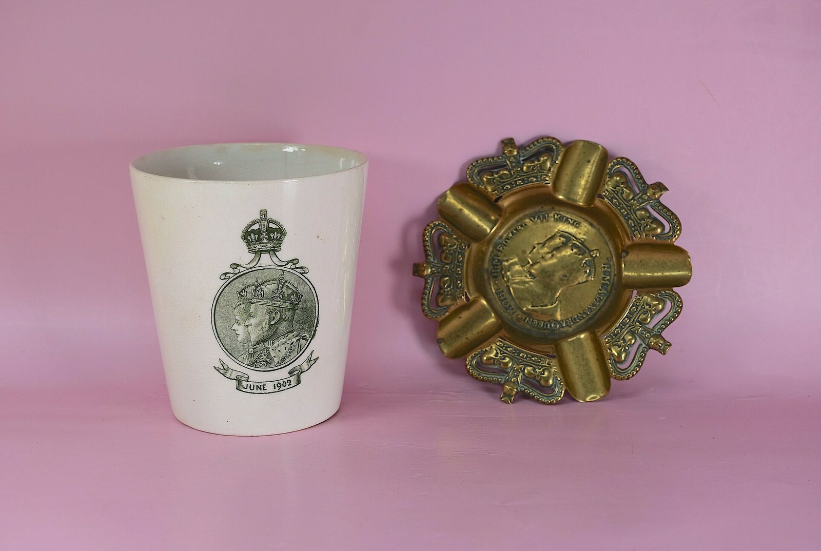 King Edward VII Queen Alexandra Coronation 1902 — Royal Doulton Beaker & Commemorative Brass Ashtray | Rare Antique Royalty Memorabilia