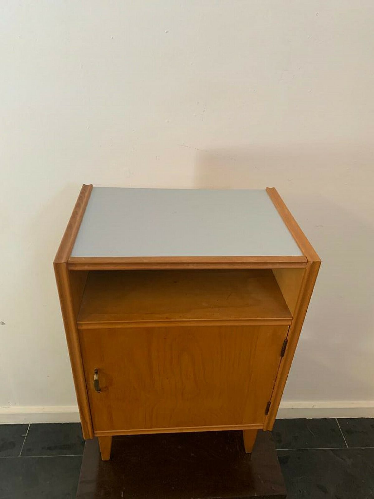 Ash Bedside Table With Pearl Grey Laminate Top, 1950s photo for sale