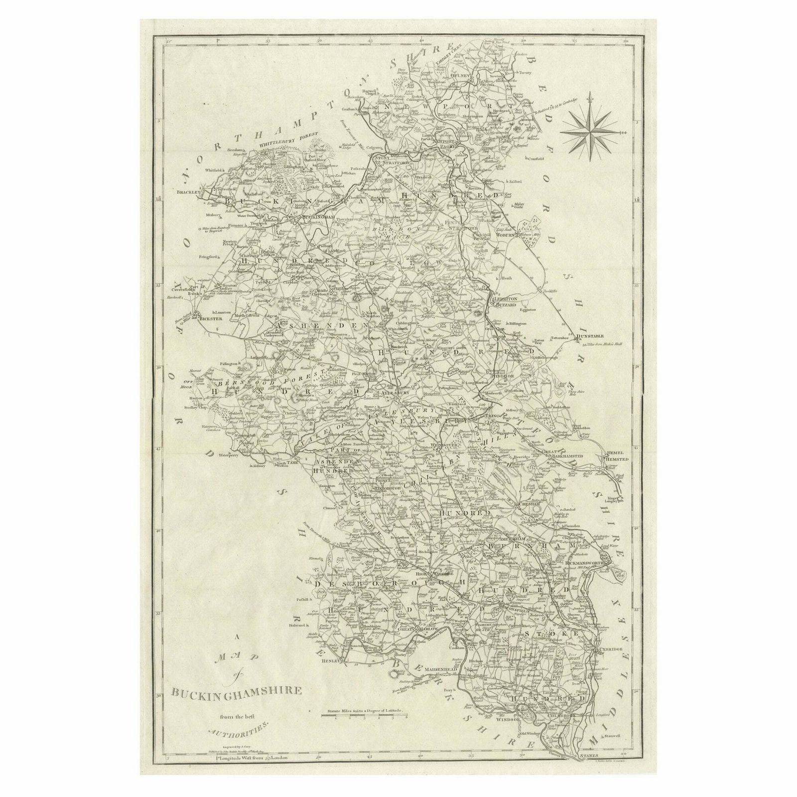 Large Antique County Map Of Buckinghamshire, England